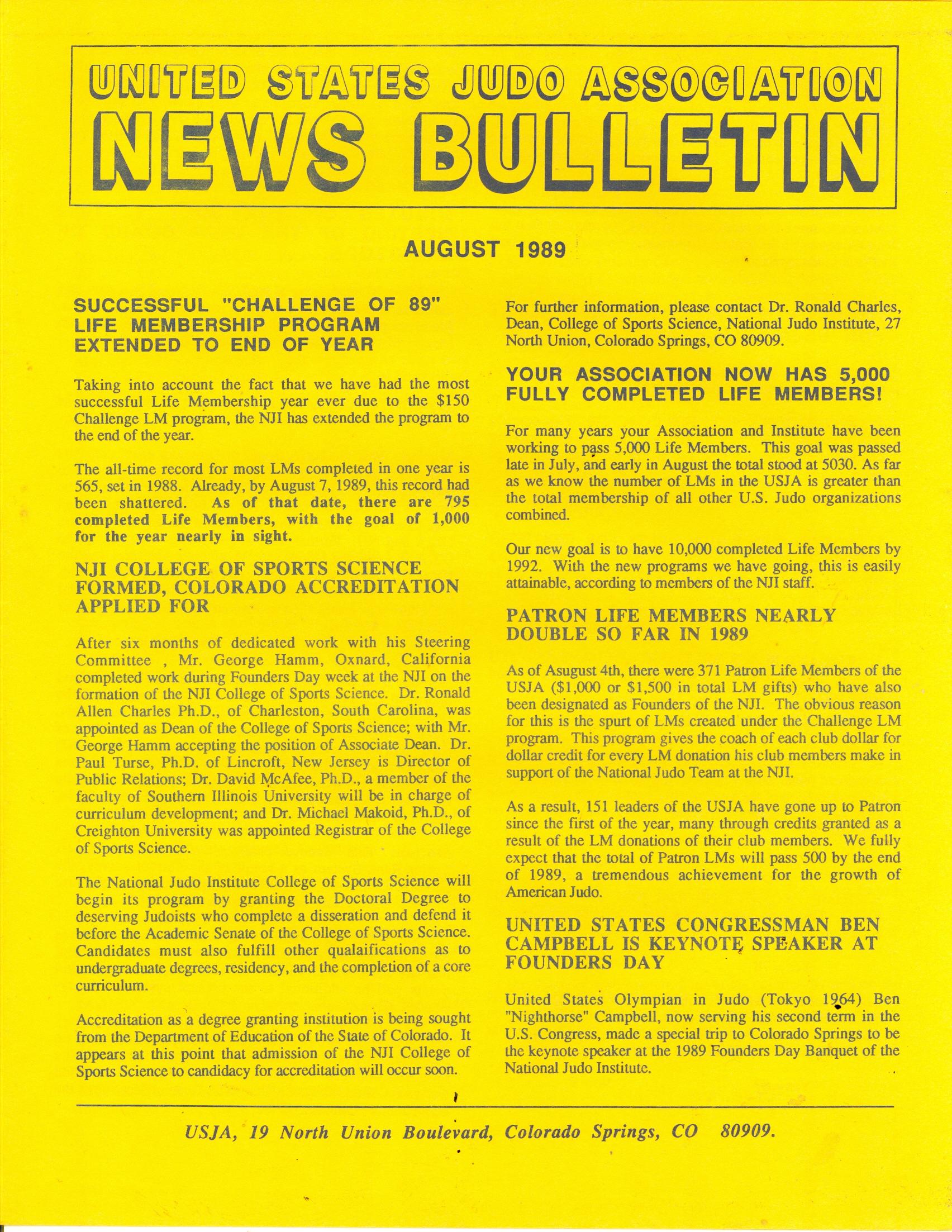 08/89 United States Judo Association News Bulletin